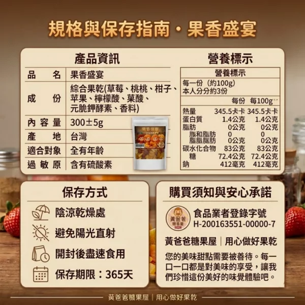 【黃爸爸糖果屋】果香盛宴・精品台灣綜合果乾 300g | 手工精挑・草莓/水蜜桃/蜜桔/蘋果 在地伴手禮
