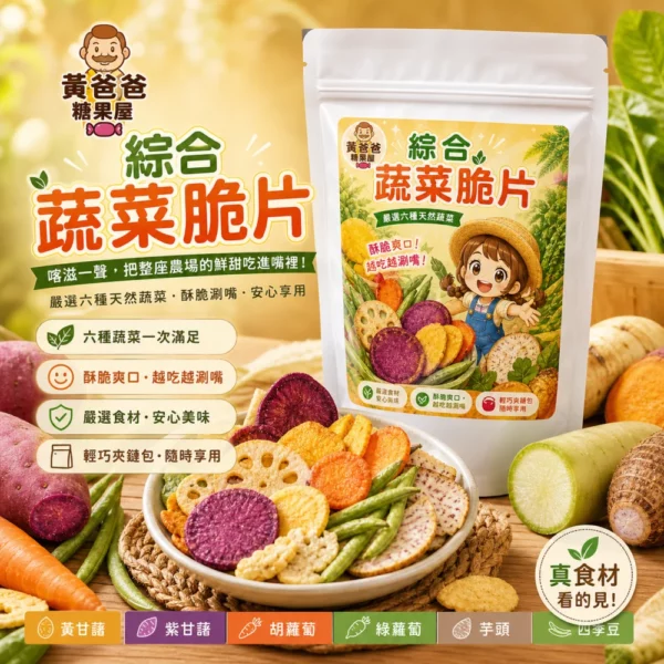 黃爸爸糖果屋 綜合蔬菜脆片｜黃甘藷 紫甘藷 胡蘿蔔 綠蘿蔔 芋頭 四季豆｜酥脆蔬菜零食