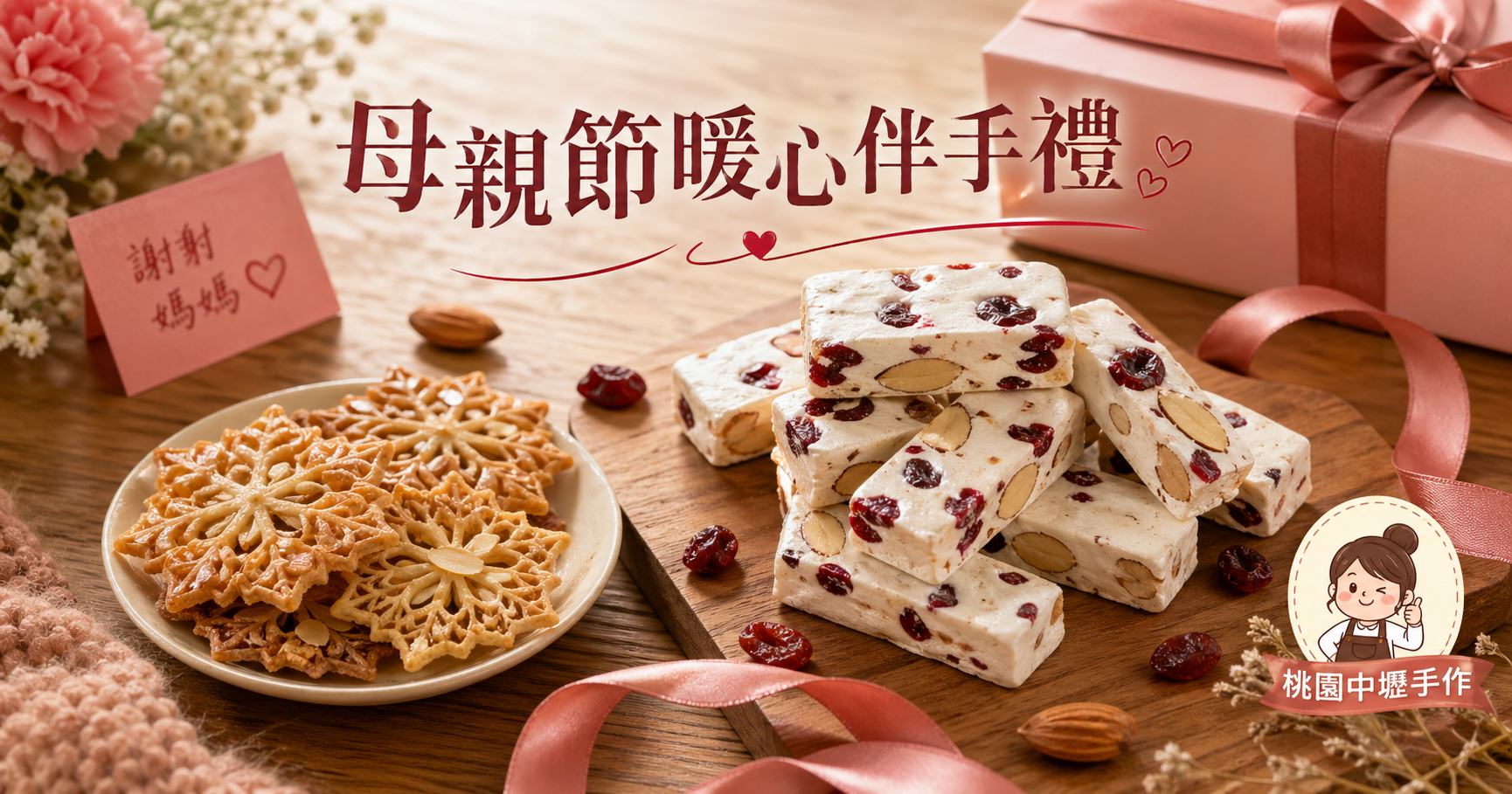 黃爸爸糖果屋母親節伴手禮蔓越莓牛軋糖與法式原味雪Q餅在暖色木桌上的商品圖