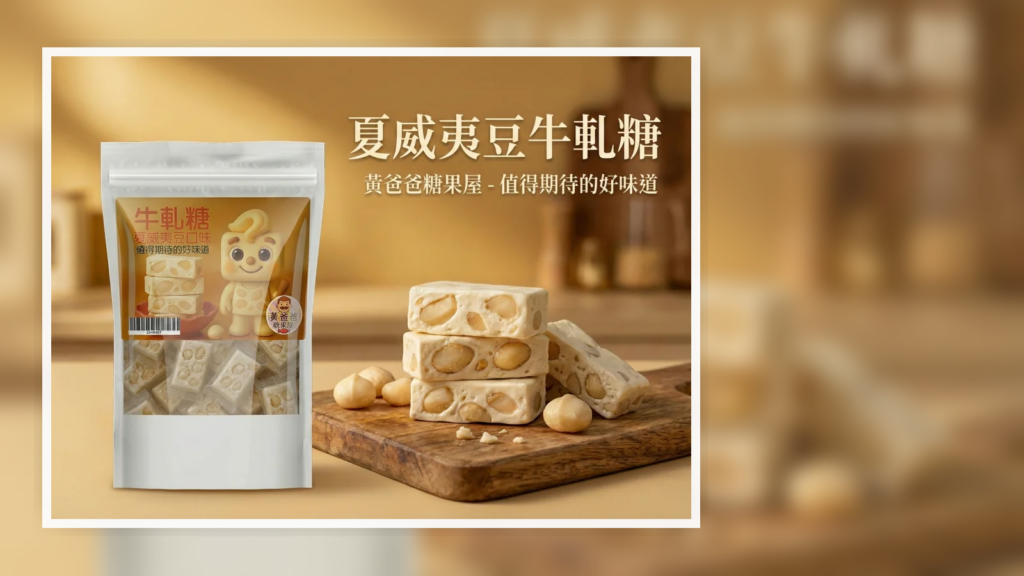 黃爸爸糖果屋夏威夷豆牛軋糖商品首圖，手工奶香桃園中壢伴手禮