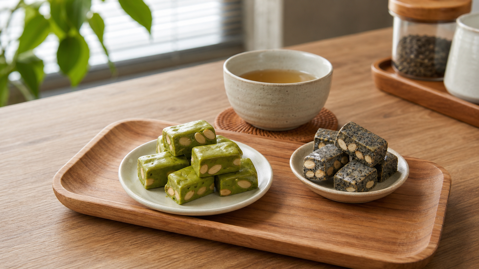 入夏茶香點心:黃爸爸宇治抹茶牛軋糖的清雅奶香 3 宇治抹茶牛軋糖下午茶分享情境,搭配黑芝麻牛軋糖與無糖茶