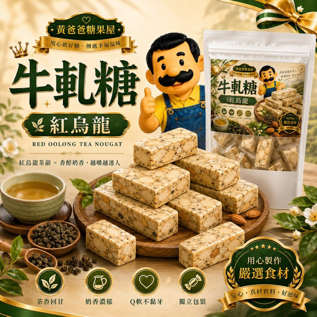 黃爸爸糖果屋紅烏龍牛軋糖主視覺，紅烏龍茶韻與奶香堅果香，適合伴手禮