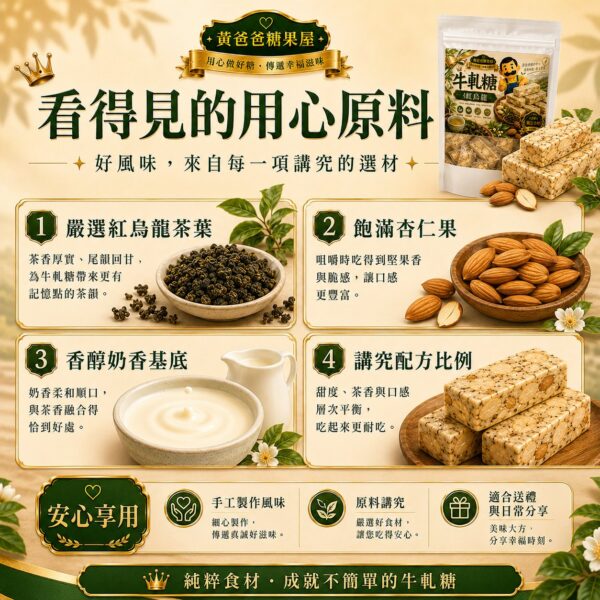 紅烏龍牛軋糖壓縮商品詳情圖 03 紅烏龍牛軋糖用心原料,紅烏龍茶葉、杏仁果、奶香基底與配方比例