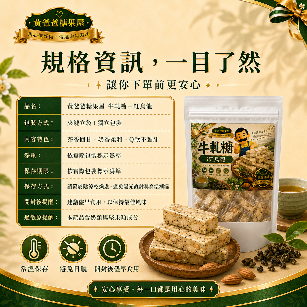 黃爸爸糖果屋紅烏龍牛軋糖規格資訊與保存方式