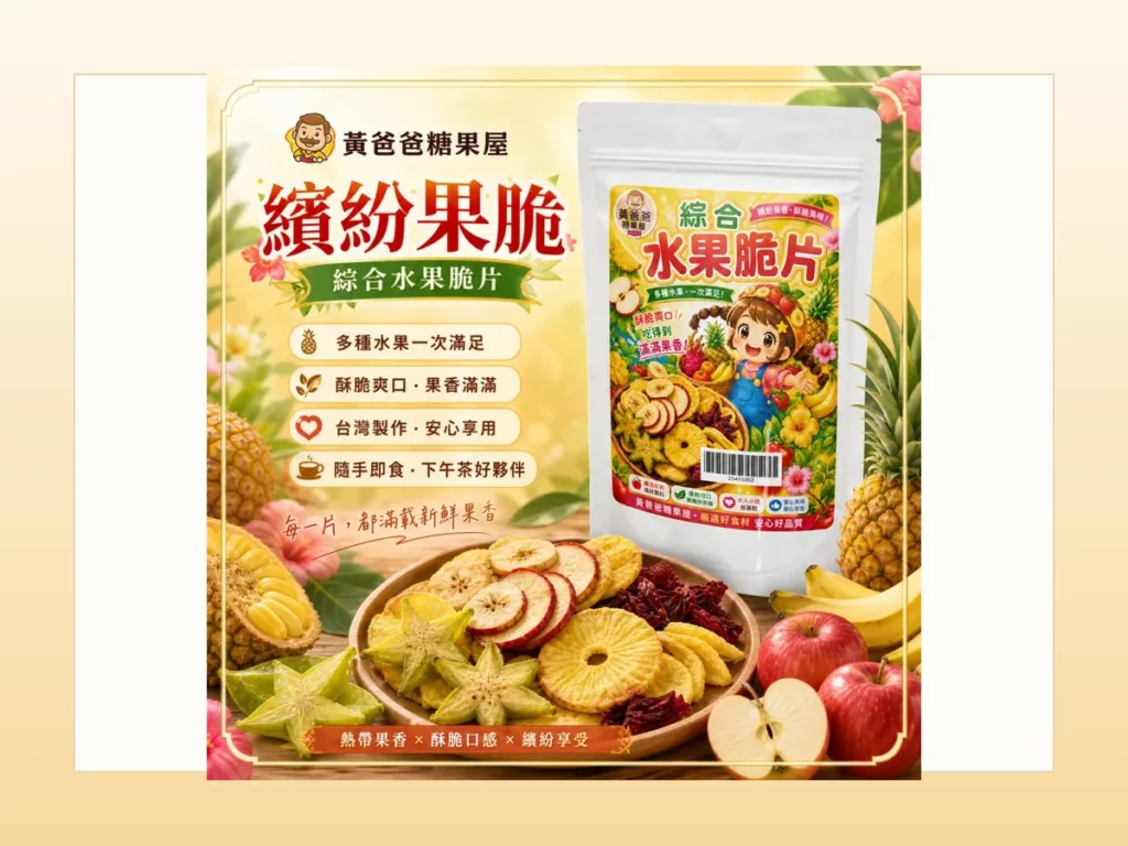 黃爸爸糖果屋暑假出遊零食首圖，綜合水果脆片包裝商品圖搭配暖色背景