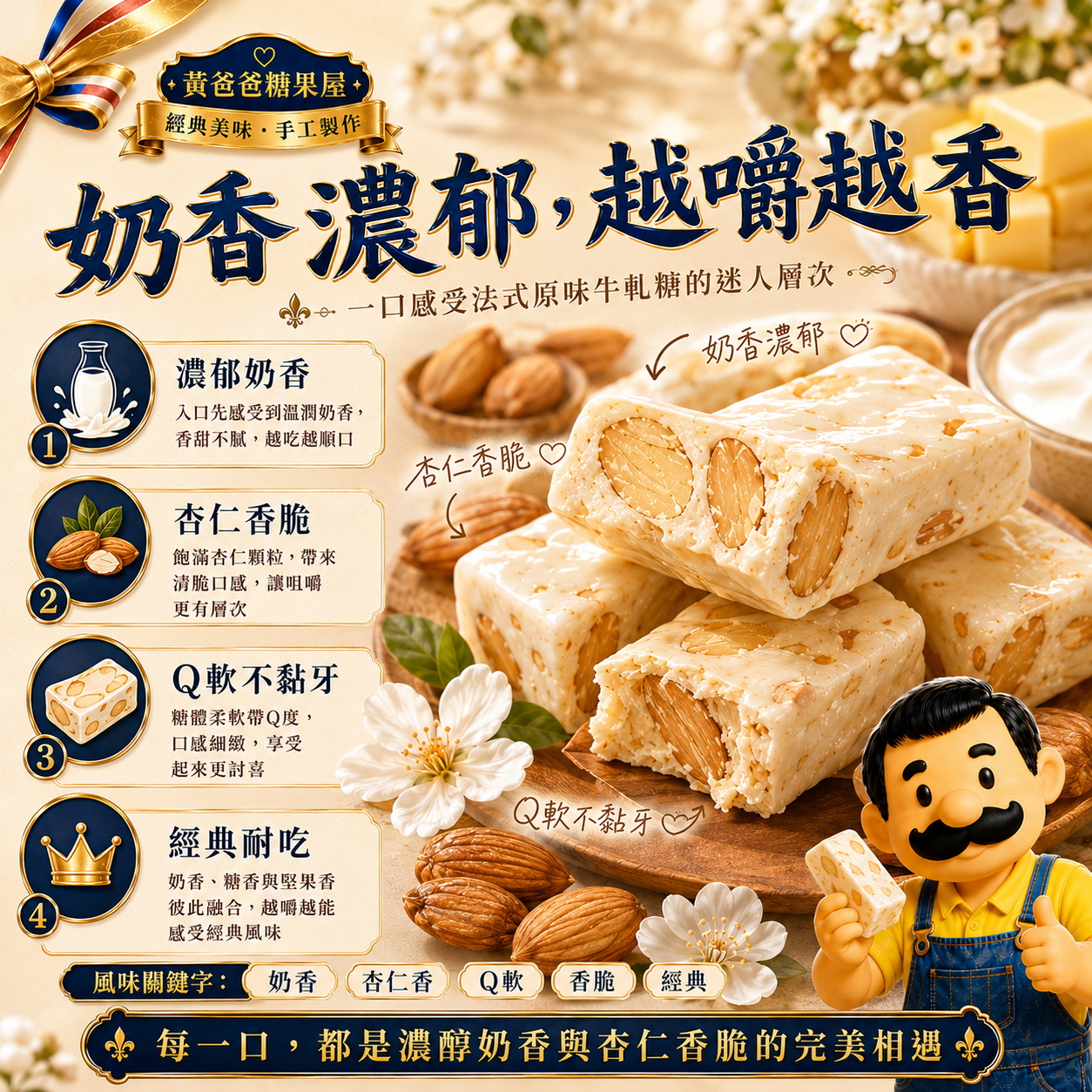 法式原味牛軋糖口感層次，奶香濃郁、杏仁香脆、Q軟不黏牙