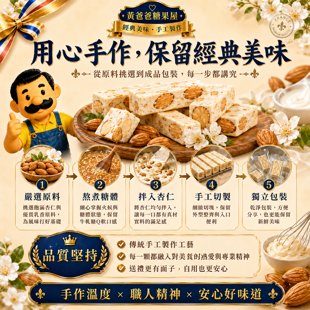 法式原味牛軋糖手作流程，嚴選原料、熬煮糖體、拌入杏仁、手工切製與獨立包裝