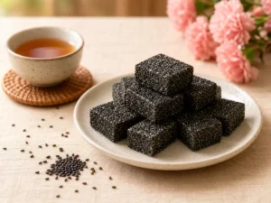 黑芝麻軟糖整齊擺盤搭配熱茶與粉色花朵