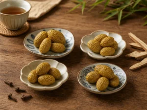 四個陶盤中的甘草、辣味、丁香與化核橄欖蜜餞