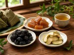 梅子蜜餞、金桔餅與芭樂乾分盤搭配熱茶
