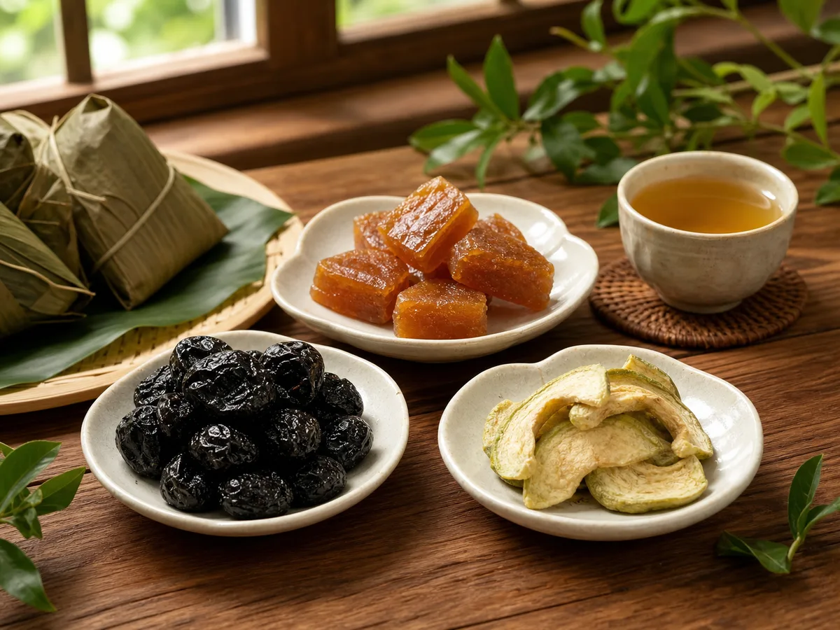 端午後吃什麼解膩?梅子蜜餞、金桔餅、芭樂乾配茶指南 梅子蜜餞、金桔餅與芭樂乾分盤搭配熱茶
