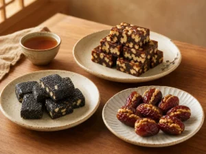 南棗核桃糕、黑芝麻點心與椰棗堅果搭配熱茶