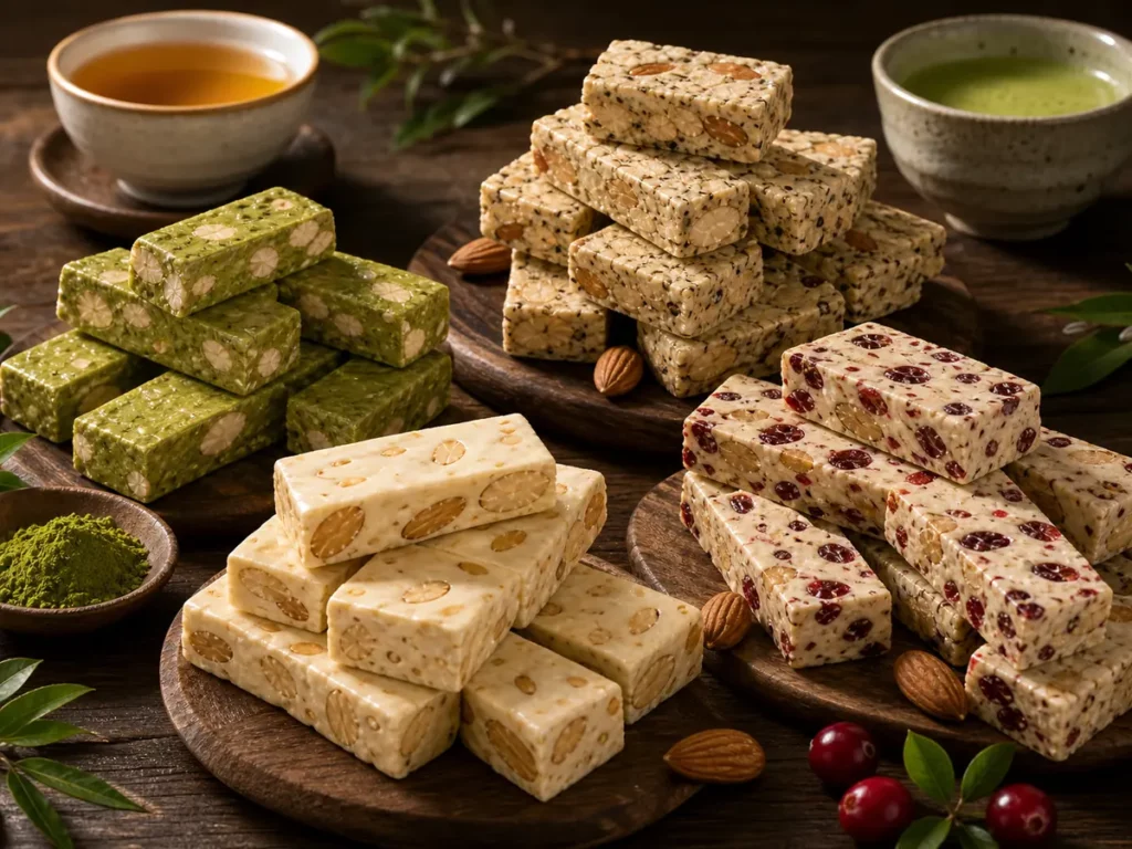 木桌上擺放抹茶、紅烏龍、經典與蔓越莓口味牛軋糖，搭配兩杯茶