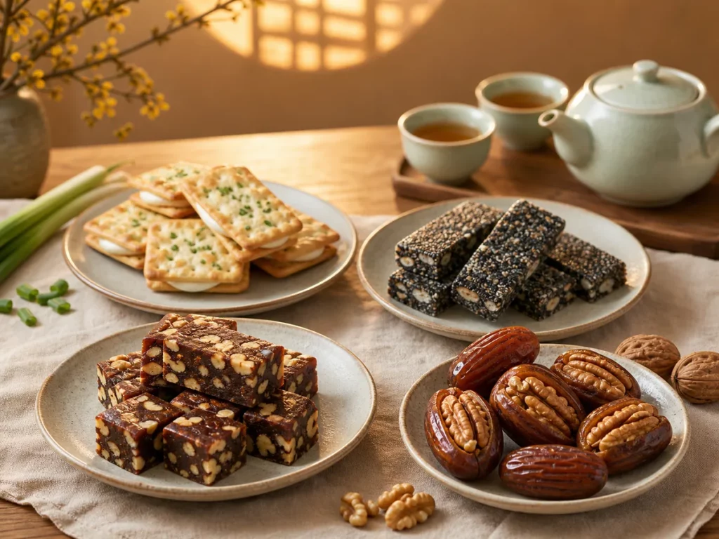 木質茶桌上的南棗核桃糕、棗胡桃、胡桃黑麻酥與原味牛軋餅中秋常溫茶點