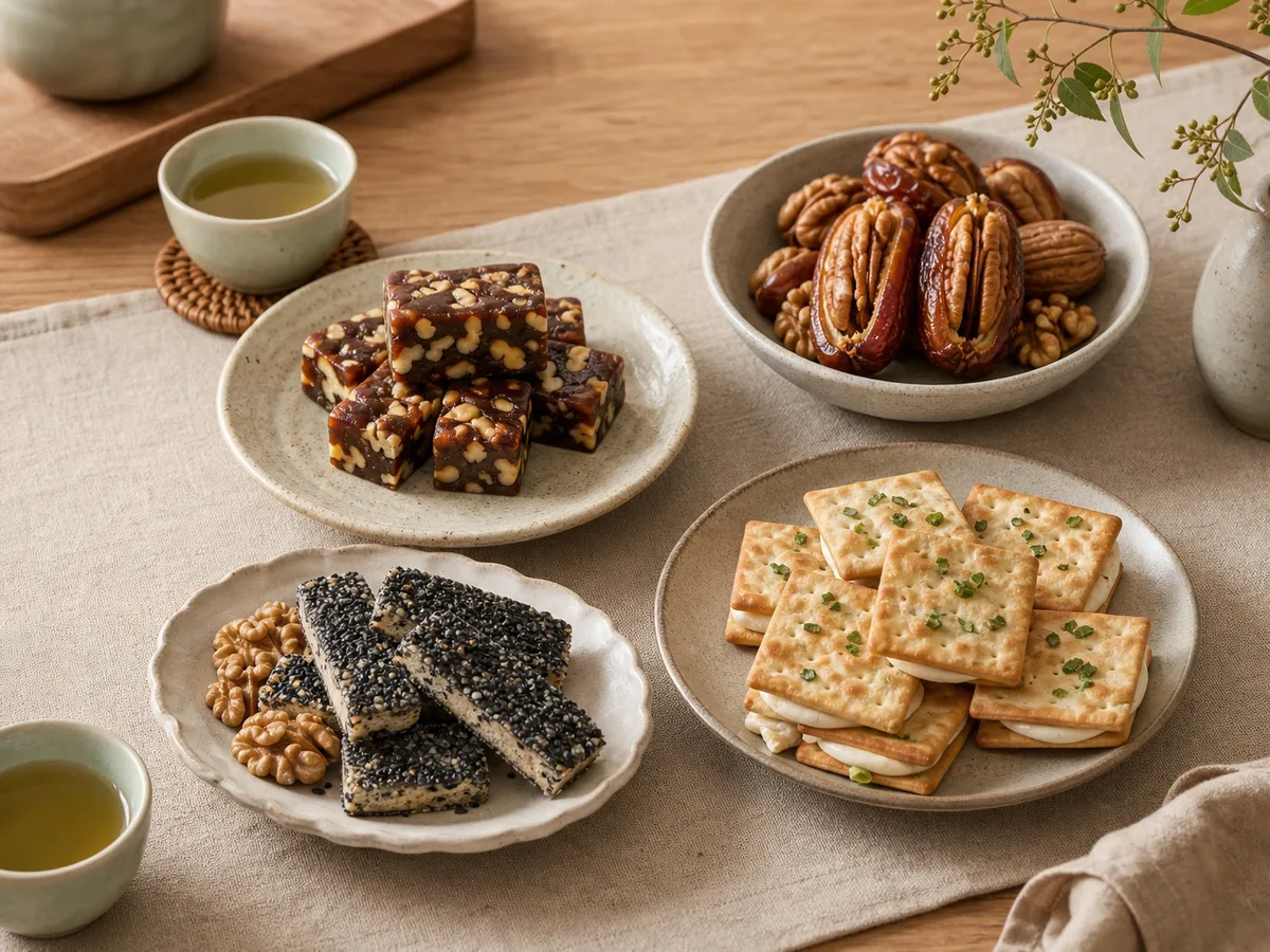 南棗核桃糕、棗胡桃、胡桃黑麻酥與原味牛軋餅的家庭茶桌