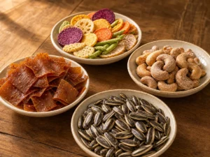 暖光茶几上分區擺放香辣蒟蒻片、綜合蔬菜脆片、鹹酥腰果與帶殼海鹽葵瓜子