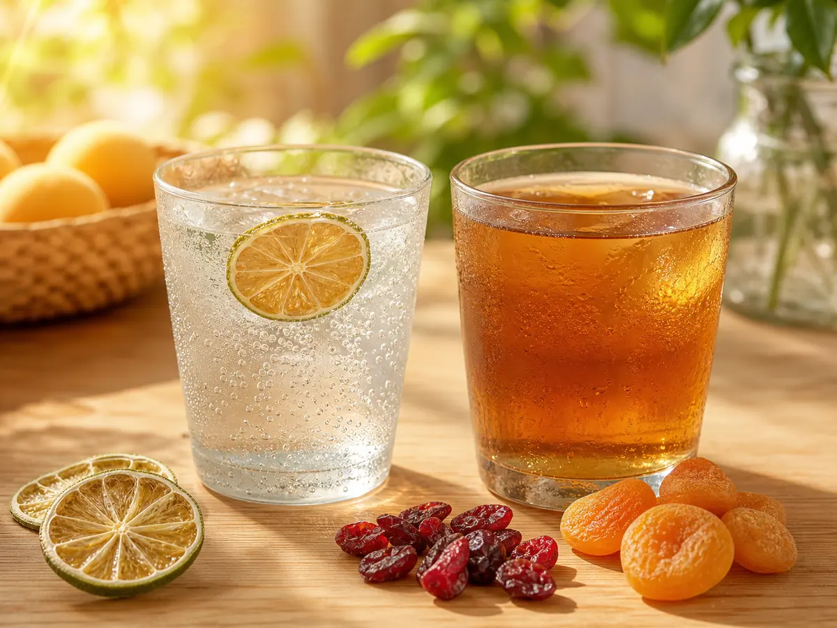 萊姆片氣泡水與杏桃乾冷泡茶並排在夏日窗邊