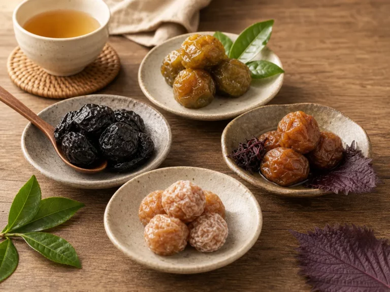梅子蜜餞怎麼選?烏沉梅、綠茶梅、紫蘇梅與淡話梅的香氣差異 3 四只陶碟分別盛裝烏沉梅、綠茶梅、紫蘇梅與淡話梅