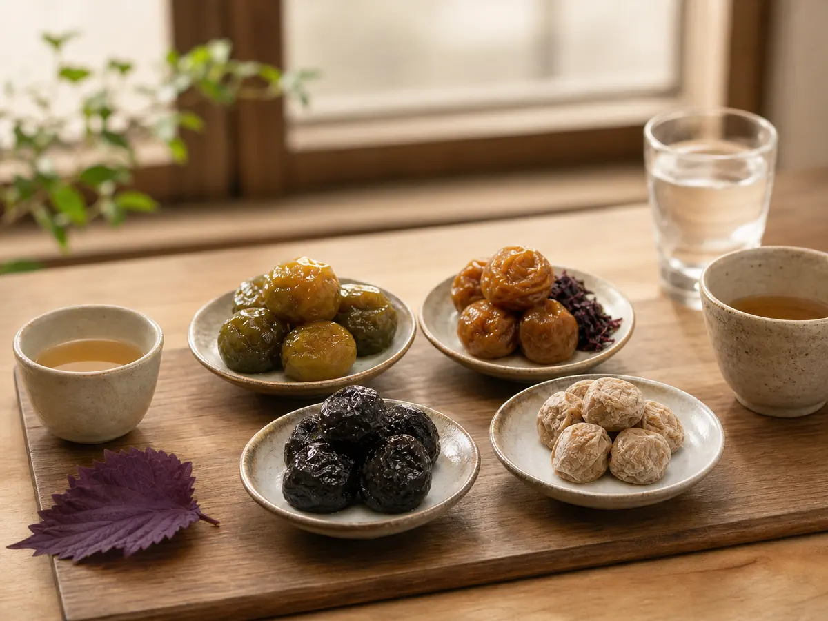 烏沉梅、綠茶梅、紫蘇梅與淡話梅分盤搭配無糖茶