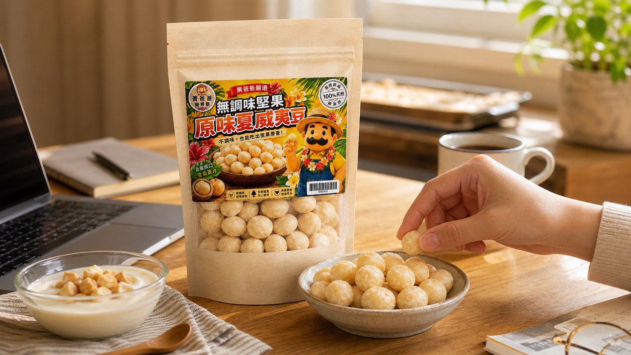 黃爸爸 原味夏威夷豆|低溫烘焙無調味|桃園中壢堅果推薦 16 原味夏威夷豆下午茶、辦公室與料理搭配情境