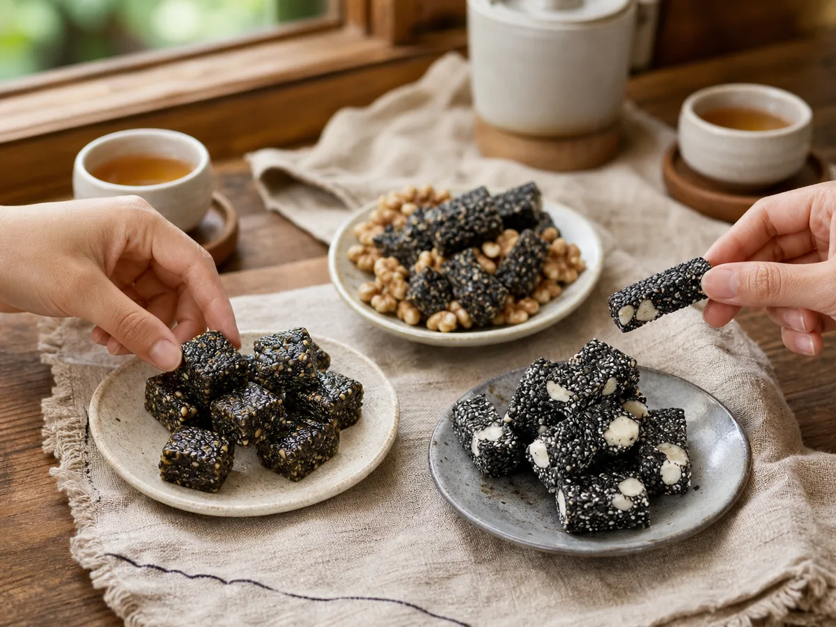 黑芝麻點心搭配熱茶的午後分享桌