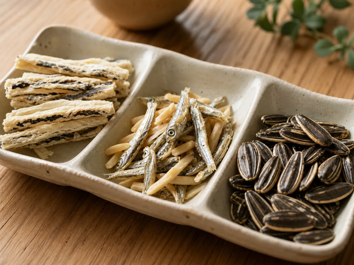 三款鹹香零食的海味、魚乾與瓜子口感近拍