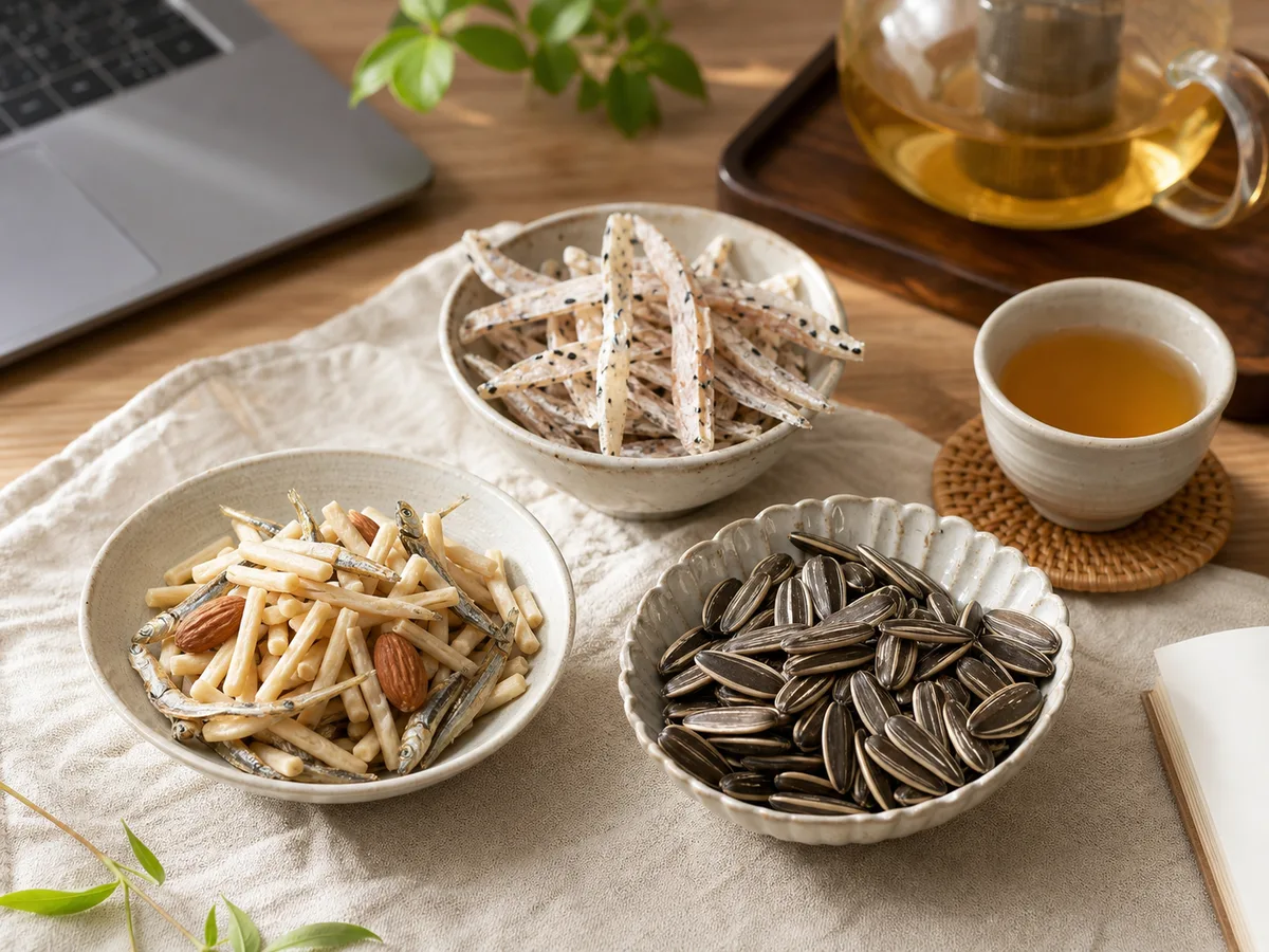 鹹香零食搭配茶飲與聊天情境的分享桌