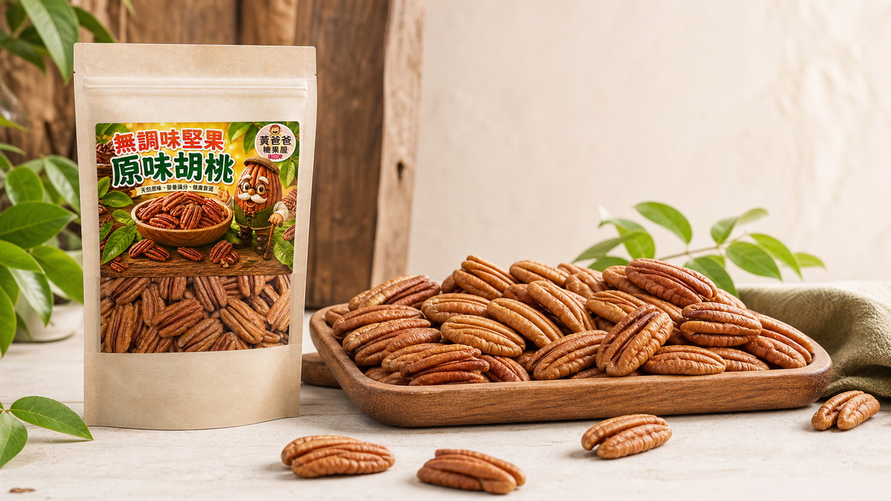 黃爸爸 原味胡桃 Pecan|低溫烘焙無調味|桃園中壢堅果推薦 12 原味胡桃 Pecan 商品亮點,暖棕色細長胡桃仁與深縱向溝紋