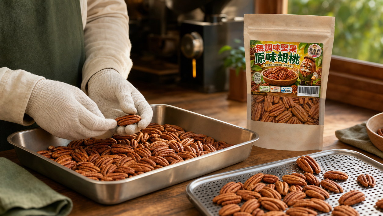 黃爸爸 原味胡桃 Pecan|低溫烘焙無調味|桃園中壢堅果推薦 15 原味胡桃 Pecan 低溫烘焙與人工檢查流程