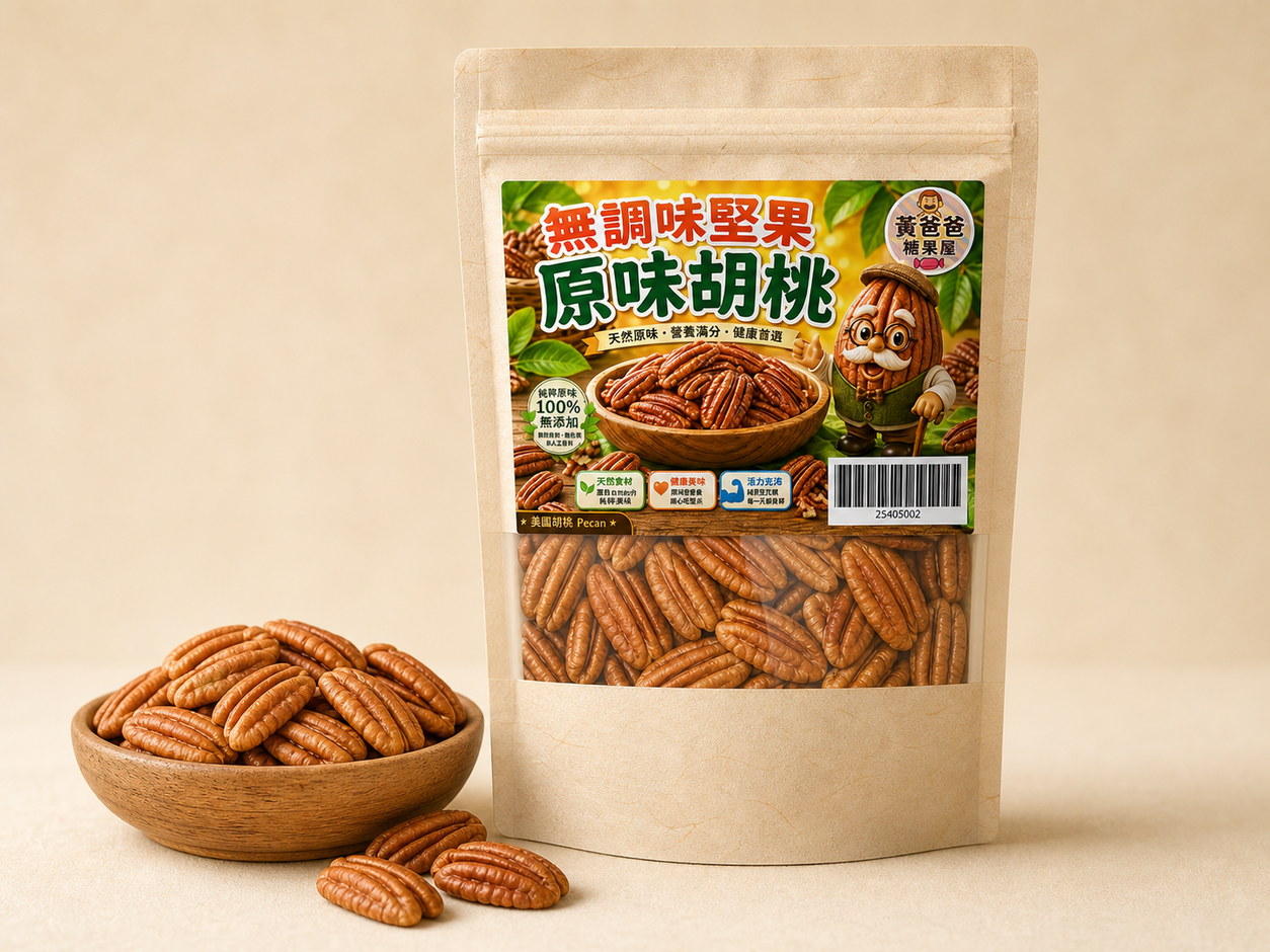 黃爸爸 原味胡桃 Pecan|低溫烘焙無調味|桃園中壢堅果推薦 17 黃爸爸原味胡桃 Pecan 2026夾鏈包裝與規格資訊