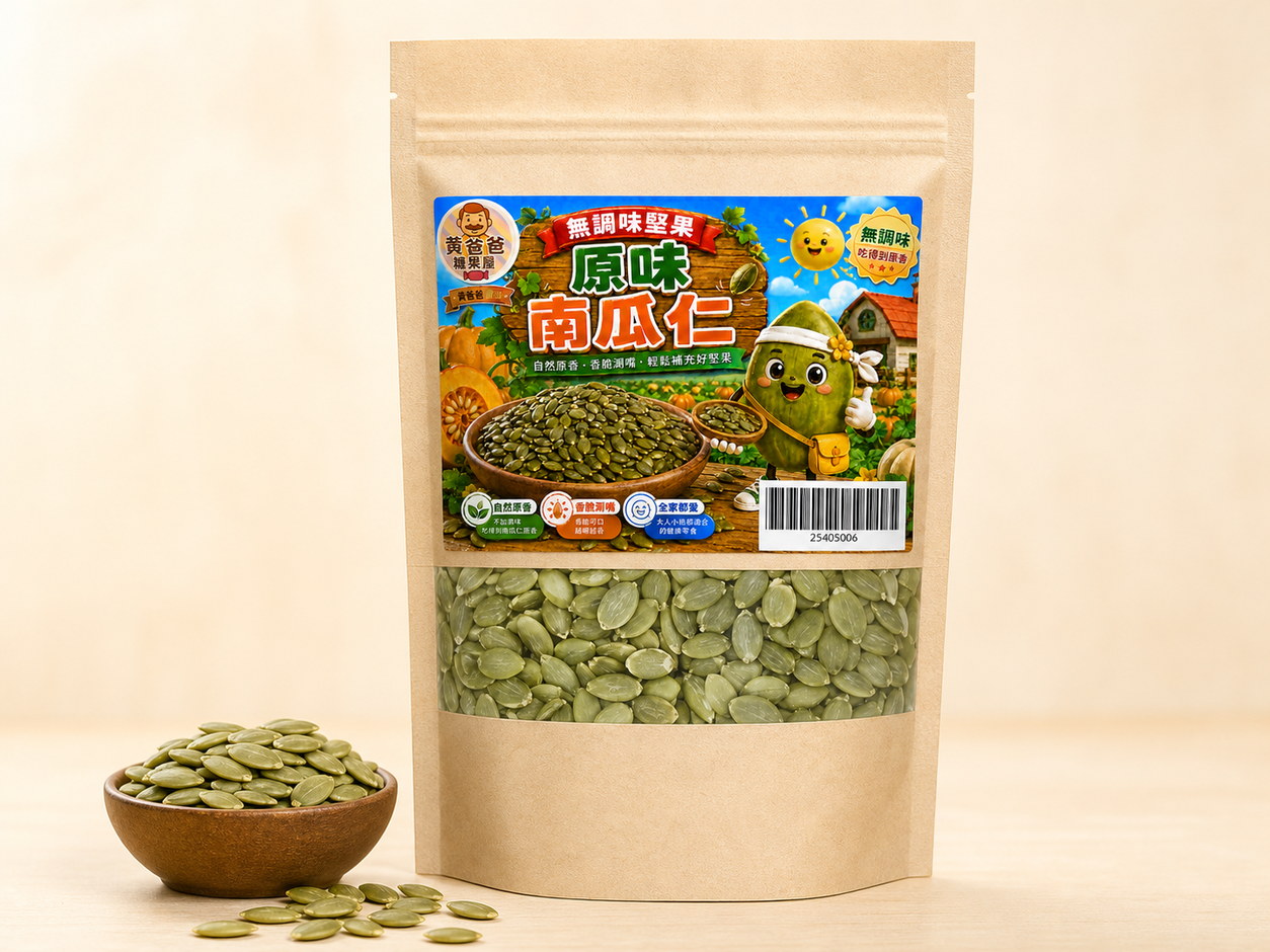 黃爸爸 原味南瓜仁|低溫烘焙無調味|桃園中壢堅果推薦 17 黃爸爸原味南瓜仁2026夾鏈包裝與規格資訊