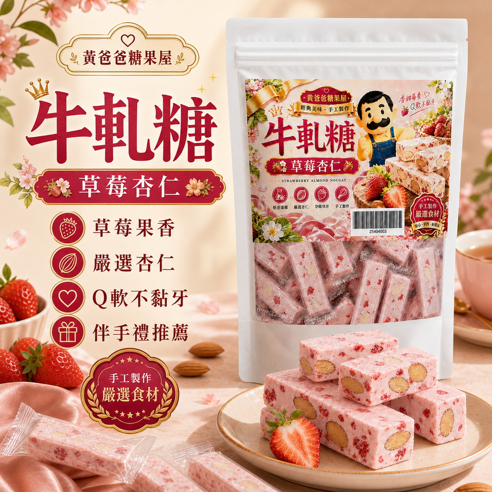 黃爸爸幸福草莓杏仁牛軋糖,草莓果香、嚴選杏仁、Q軟不黏牙、中壢伴手禮 黃爸爸幸福草莓杏仁牛軋糖,草莓果香、嚴選杏仁、Q軟不黏牙、中壢伴手禮