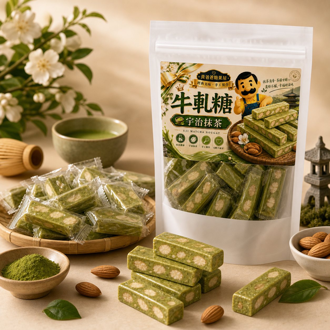 黃爸爸宇治抹茶牛軋糖首圖,2026新版包裝與抹茶杏仁牛軋糖 黃爸爸宇治抹茶牛軋糖首圖,2026新版包裝與抹茶杏仁牛軋糖