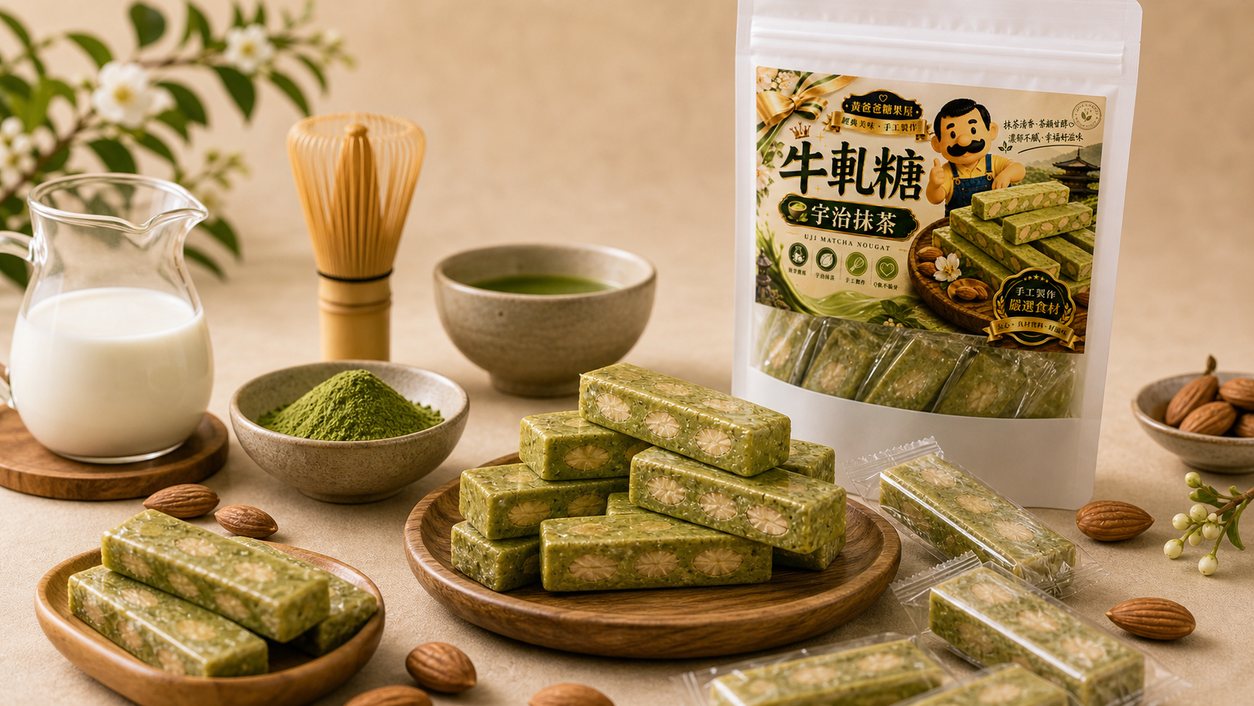 宇治抹茶牛軋糖嚴選原料，宇治抹茶、杏仁、奶香基底與海藻糖 縮圖