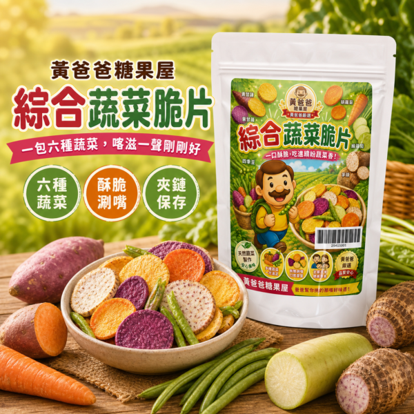 綜合蔬菜脆片首圖:官方包裝與六種蔬菜 綜合蔬菜脆片首圖:官方包裝與六種蔬菜