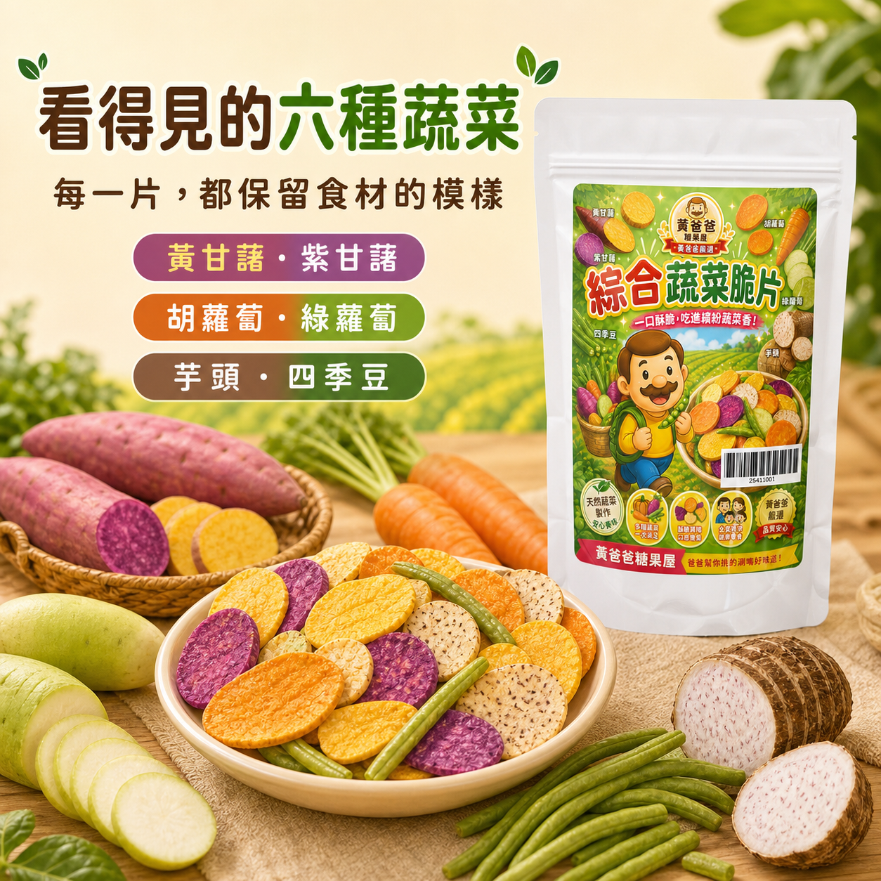 黃爸爸糖果屋 綜合蔬菜脆片|六種蔬菜酥脆分享零食 4 黃甘藷與紫甘藷蔬菜脆片