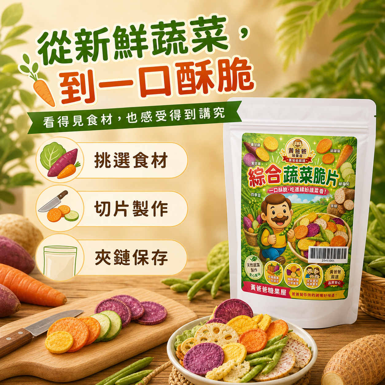 黃爸爸糖果屋 綜合蔬菜脆片|六種蔬菜酥脆分享零食 6 芋頭與四季豆蔬菜脆片