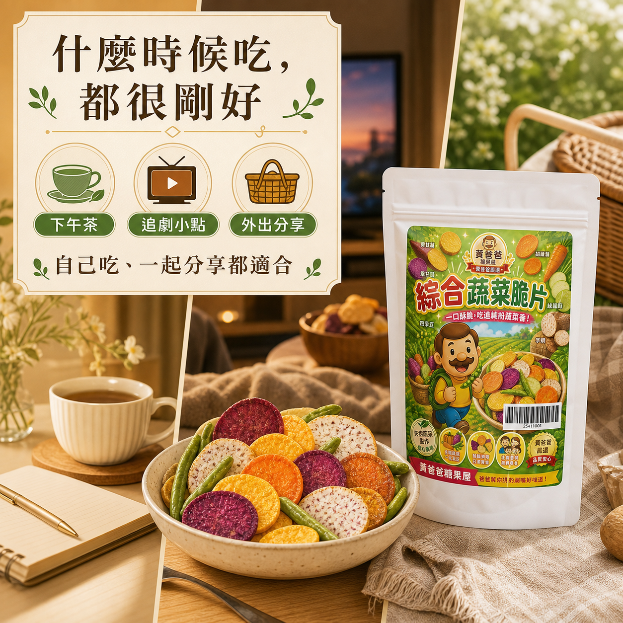 黃爸爸糖果屋 綜合蔬菜脆片|六種蔬菜酥脆分享零食 7 綜合蔬菜脆片酥脆口感