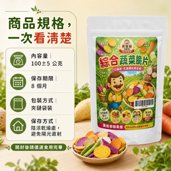 綜合蔬菜脆片規格與保存方式 綜合蔬菜脆片規格與保存方式