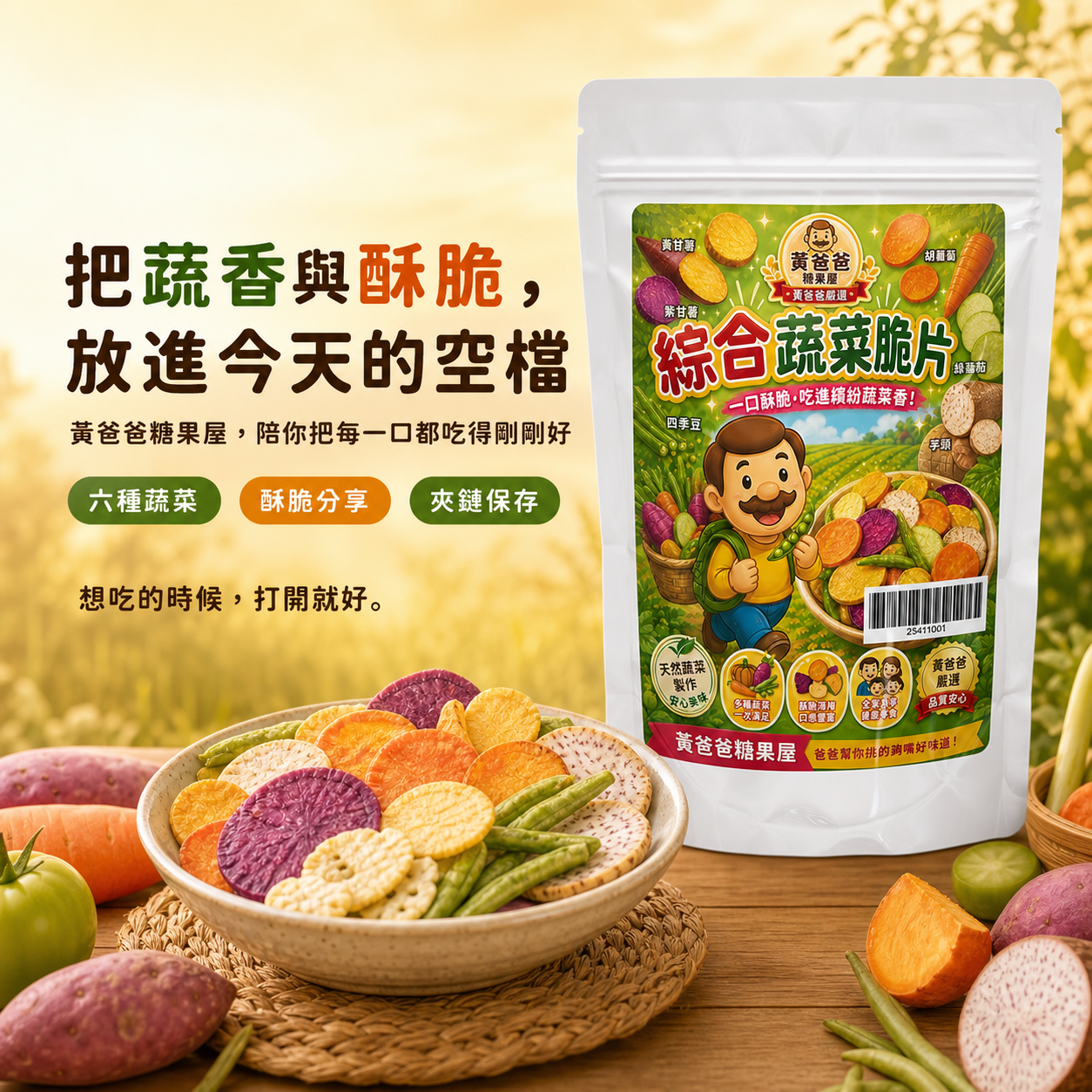 黃爸爸糖果屋 綜合蔬菜脆片|六種蔬菜酥脆分享零食 10 綜合蔬菜脆片食用提醒