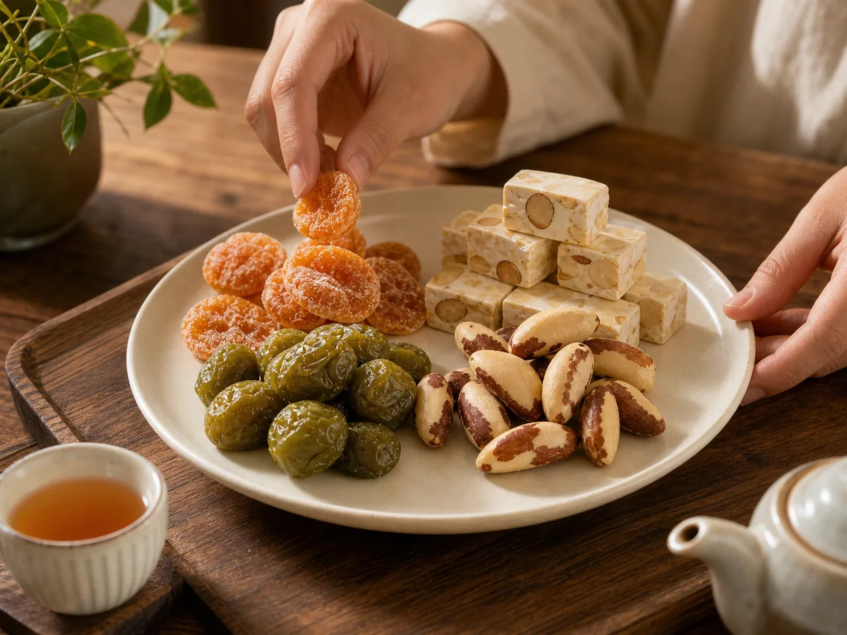 立秋後嘴饞怎麼換?金桔餅、綠茶梅、巴西堅果與牛軋糖的夏末常溫茶點 2 手將金桔餅放上茶點盤,旁邊有綠茶梅、巴西堅果與牛軋糖