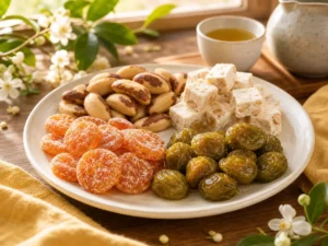 金桔餅、綠茶梅、原味巴西堅果與法式原味牛軋糖排成夏末茶點盤