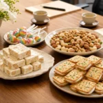 會議桌上的法式原味牛軋糖、原味牛軋餅、原味綜合堅果與迷你棒棒糖