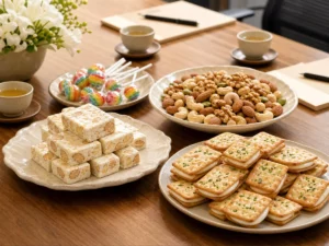 會議桌上的法式原味牛軋糖、原味牛軋餅、原味綜合堅果與迷你棒棒糖