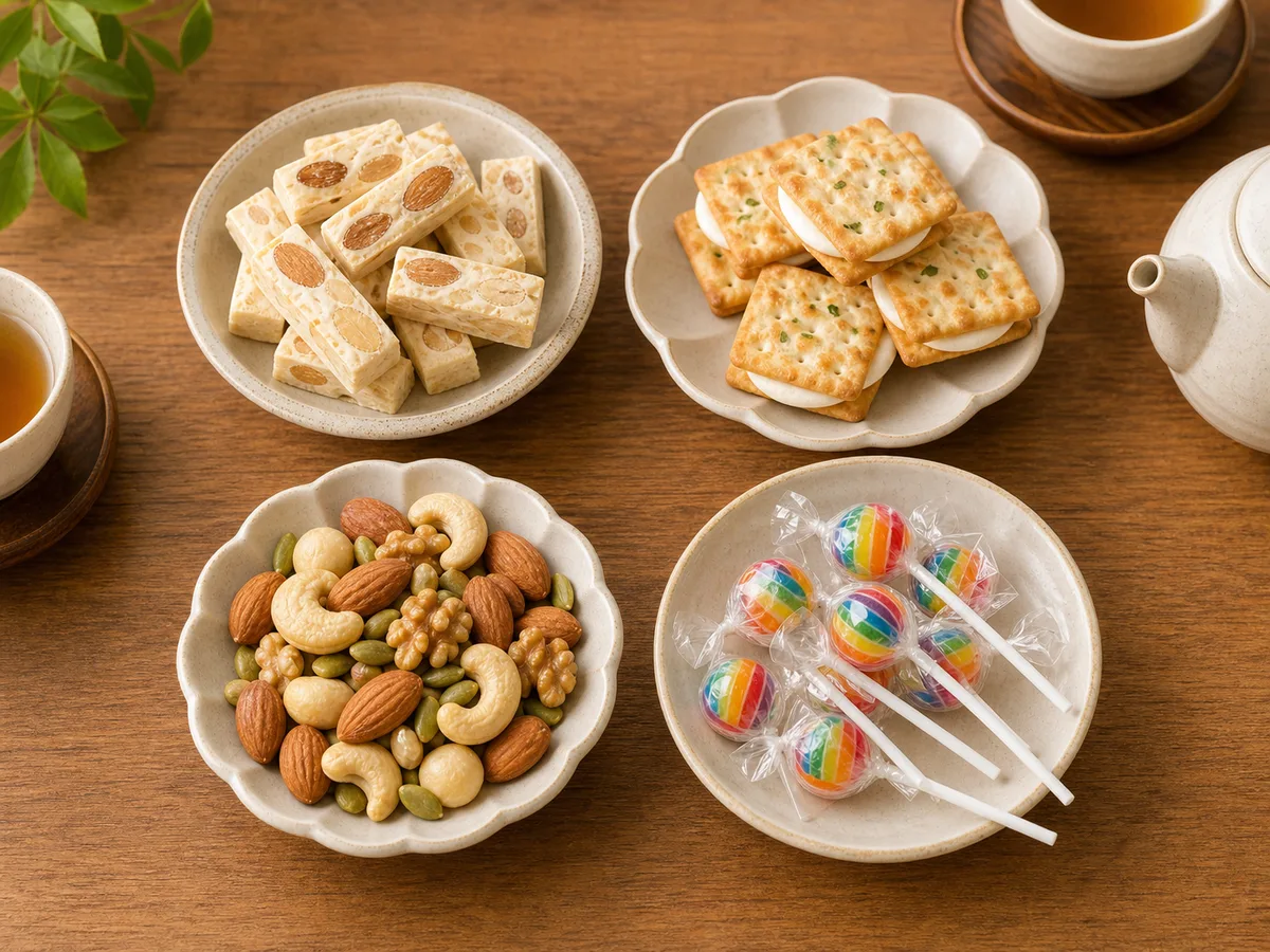 會議室點心怎麼準備?牛軋糖、牛軋餅、堅果與迷你棒棒糖的常溫清單 3 四個小碟分別放牛軋糖、牛軋餅、綜合堅果與迷你棒棒糖