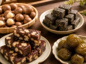 長輩茶桌上的南棗核桃糕、黑芝麻軟糖、綠茶梅與夏威夷豆