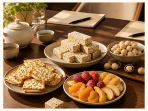 客戶拜訪茶桌上的紅烏龍牛軋糖、牛軋餅、綜合果乾與夏威夷豆