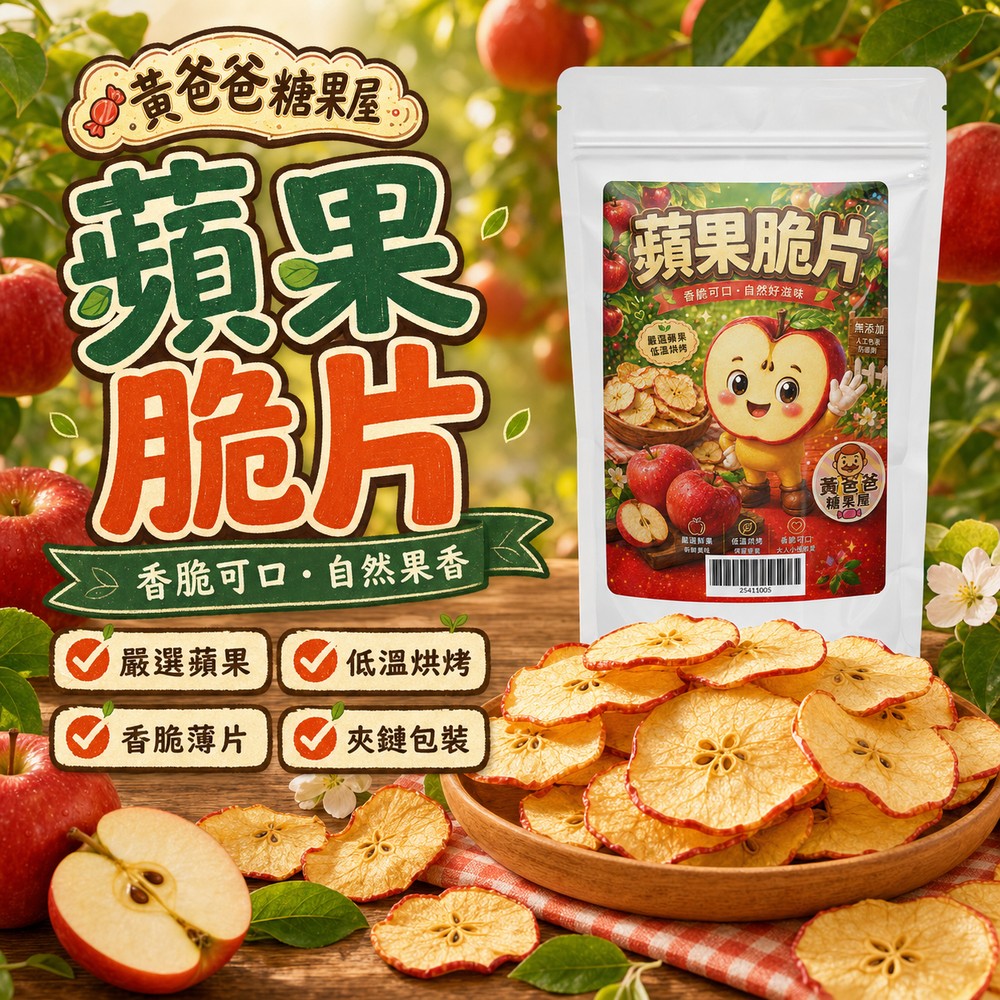 黃爸爸蘋果脆片，POP手寫風格商品首圖，嚴選蘋果、低溫烘烤、香脆薄片、夾鏈包裝