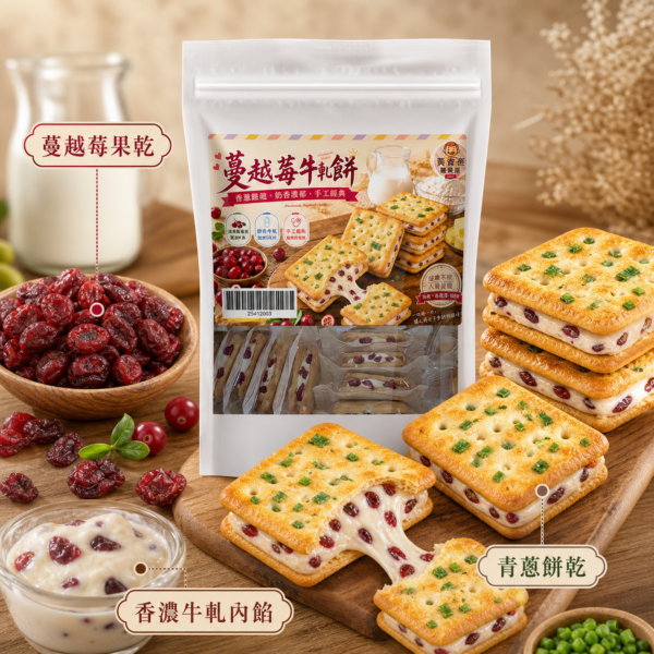 台灣蔓越莓、蔥香餅乾與牛軋內餡 台灣蔓越莓、蔥香餅乾與牛軋內餡