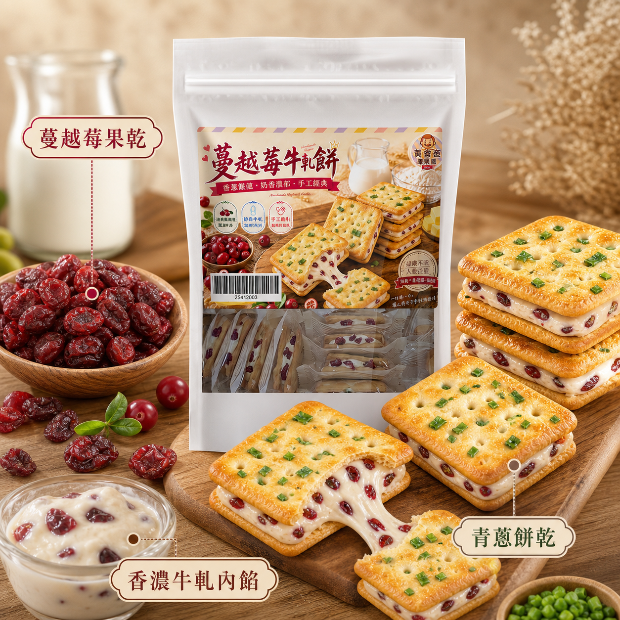 蔓越莓牛軋餅(蔥香)|14片入|黃爸爸糖果屋 4 台灣蔓越莓、蔥香餅乾與牛軋內餡